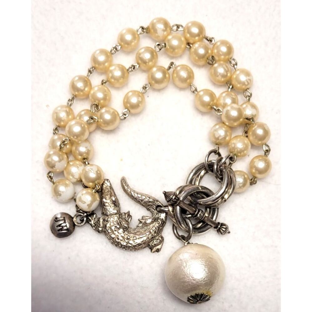 John Wind JW Limited Edition Crocodile Pearl Multistrand Bracelet Toggle Clasp